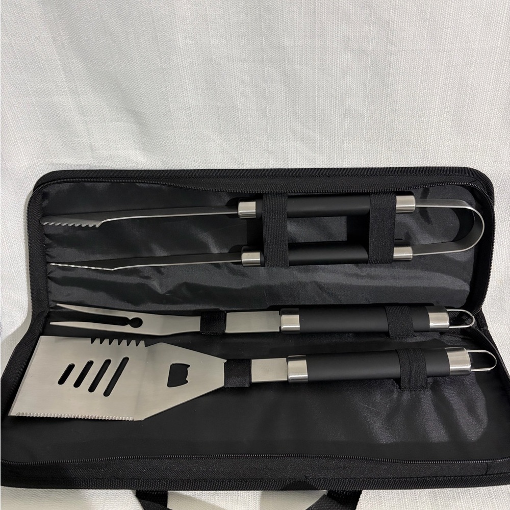 BBQ Grill Tool Set 4pc w/ Carry Case Black Handle Stainless Steel(F122)✨